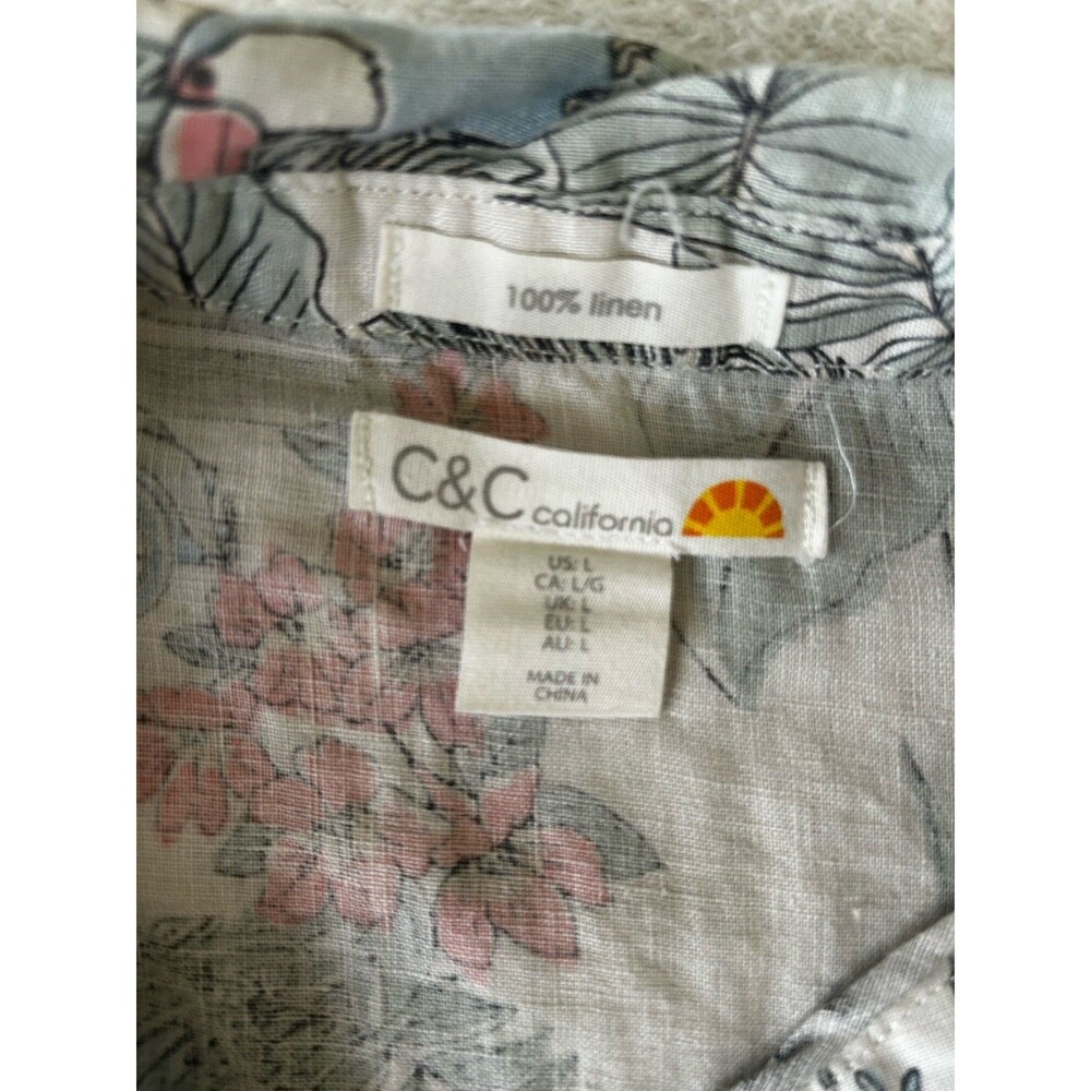 C&C California 100% Linen Top Hawaiian Tropical Cropped Boxy Beachy Size L - Picture 6 of 9